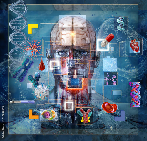 Future of personalized medicine and AI biomedical technology. Human anatomy, brain, DNA, chromosomes, antibodies, blood cells, neurons, pharmaceutical research and molecular science data interface