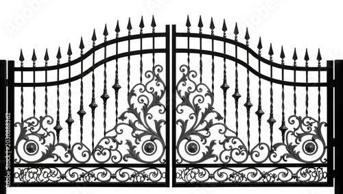 Ornate wrought iron double gate with decorative scrollwork and finials