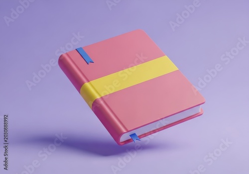 3D Rendered Pink Notebook with Yellow Band and Blue Bookmarks Floating on Purple Background for Creative Planning and Education
