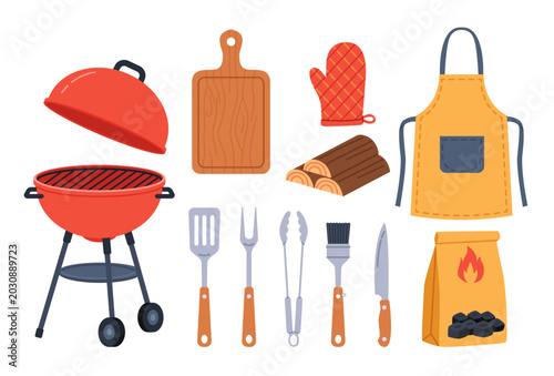 Barbecue Equipment Set with Grill Tools and BBQ Accessories. Flat Vector Collection.
