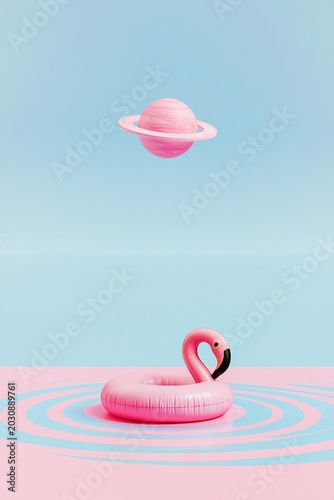 Pink flamingo pool float floating in space under alien planet. Surreal cosmic travel and vacation concept rendered in minimalist style. Futuristic holiday adventure in galaxy.