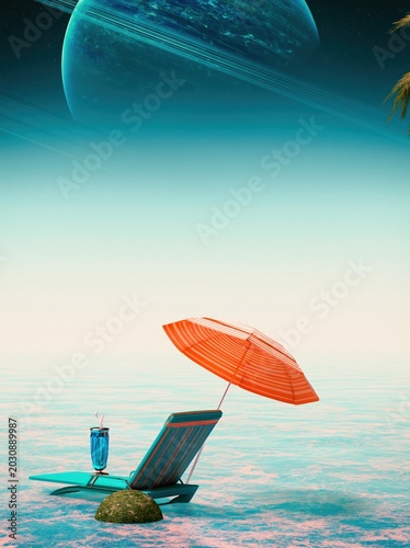 Sunbed under umbrella on alien beach with giant planet in night sky background. Conceptual vacation and relaxation on another world. Sci-fi space travel for future summer holiday trip.