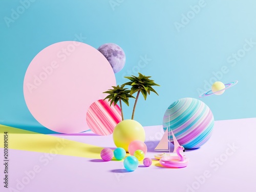 Surreal vacation on alien planet with palm tree and sailboat model. Fantasy travel concept in space. Abstract composition with colorful spheres symbolizing cosmic summer holiday trip.