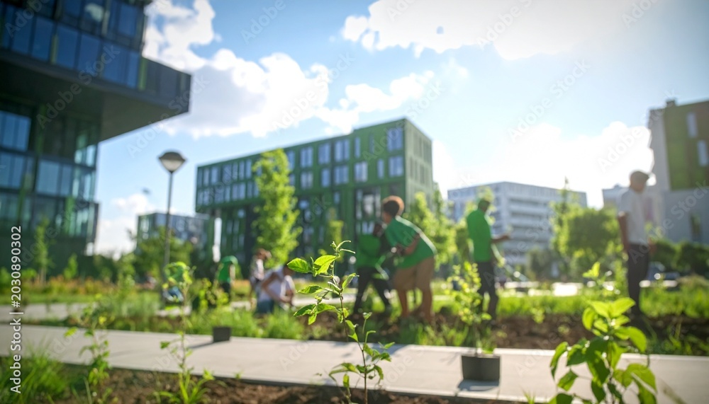 Green Urban Oasis: A group of volunteers plant saplings in a modern urban setting, surrounded by contemporary buildings and lush greenery.