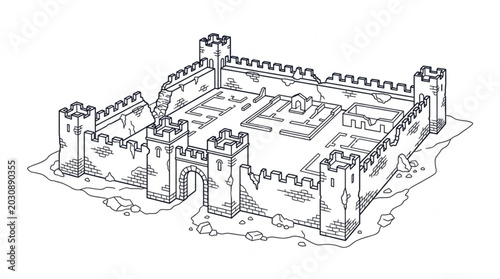 Konstfotografi Medieval Castle Fortress Illustration with Towers and Walls.