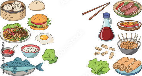 Fotografia Asian Food and Restaurant Vector Illustration Set with Burger, Noodles, Fish, Du