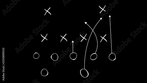 sports tactics motion graphic featuring football game plan sketch and offensive route animation. 2d football playbook motion graphics with offensive tactics drawing and alpha matte background.