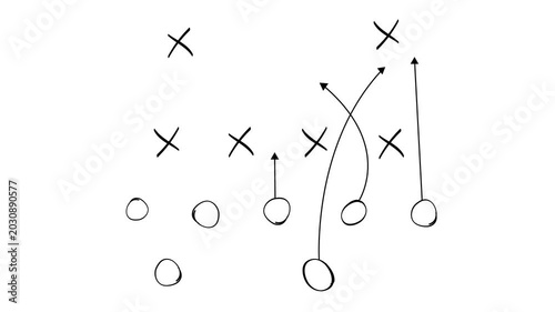 sports tactics motion graphic featuring football game plan sketch and offensive route animation. football coaching play animation with xs and os formations on white and transparent background.