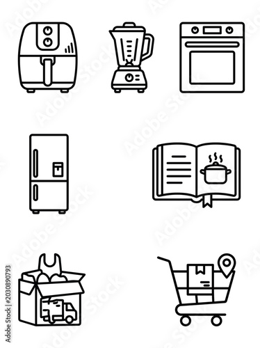 Black line icons of kitchen appliances and shopping