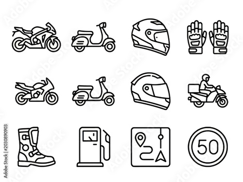 Black line icons of various office supplies and electronics