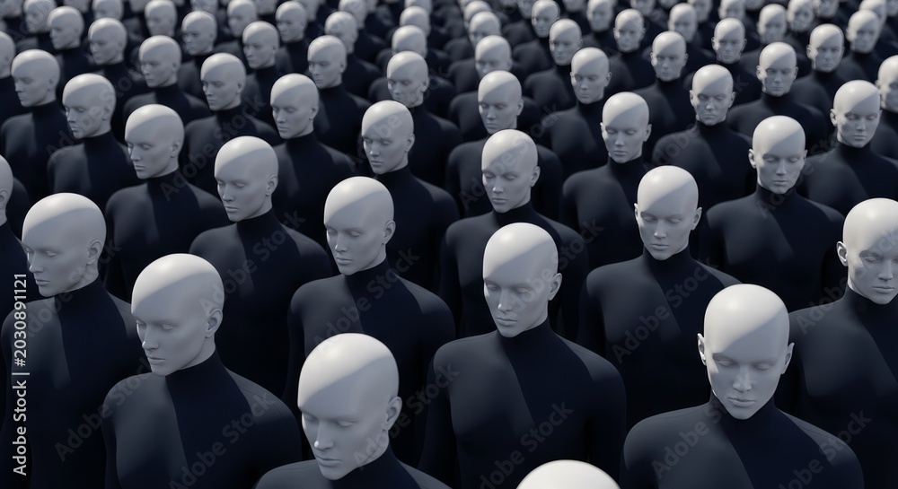 Obraz premium Anonymous Crowd, Identical Figures, Uniformity, Mass Society, Futuristic Concept