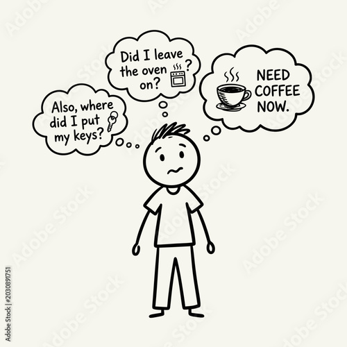 Foto A cartoon man with thoughts about daily tasks.