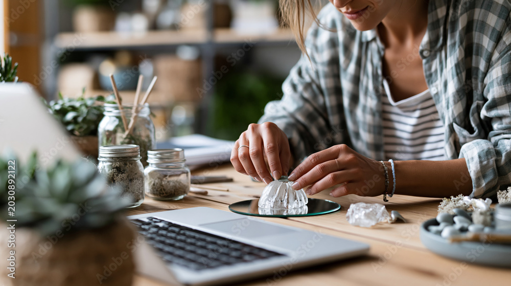 Fototapeta premium Close-up of a woman's hands decorating a sculptural mirror near a laptop, creative interior concept, mirror decoration photography, artistic home lifestyle, defocused background,