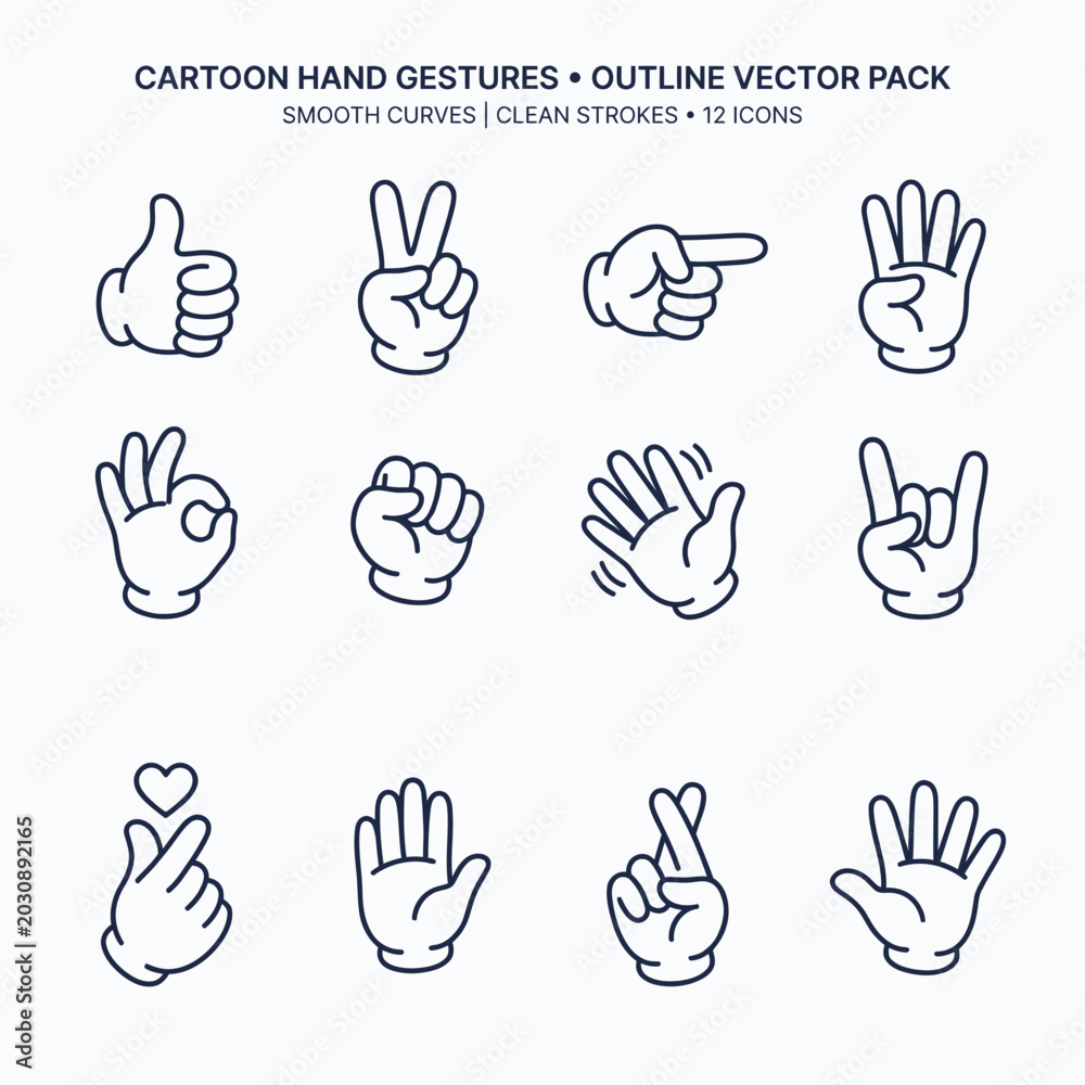 Fototapeta premium Cartoon hand gestures outline vector pack.