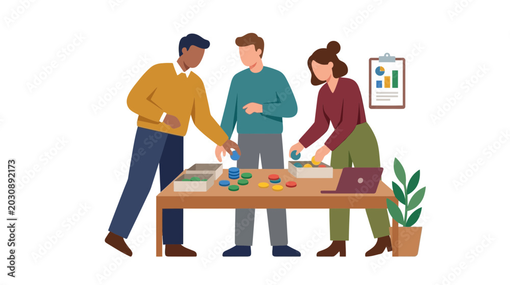 Fototapeta premium Diverse team collaborating in a futuristic digital workspace, flat vector illustration of teamwork.