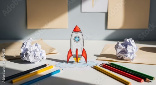 Creative Rocket Launch Concept with Drawing Supplies and Crumpled Paper.