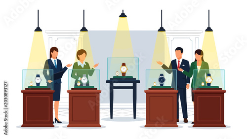 Cuadro en lienzo Luxury Watch Retail: Customers engage with a sales associate in a high-end jewelry store, admiring exquisite timepieces displayed in illuminated glass cases