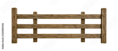 Schilderij op canvas Rustic wooden farm fence isolated on white background, countryside barrier made from aged timber planks, rural ranch boundary element with natural wood texture and vintage outdoor style