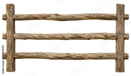 Tableau sur toile Rustic wooden rail fence isolated on light gray background, weathered timber bar