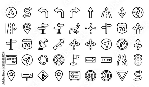 Konstfotografi Directional Sign Line Icon Set Featuring Route Pointer Navigation and Turn Symbo