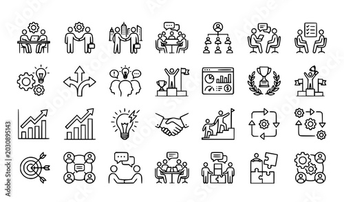 Obraz na płótnie Teamwork Line Icon Set Featuring Collaboration Success Growth and Business Partn