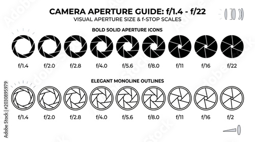 
Camera aperture blades diagram showing f-stop settings with f stop