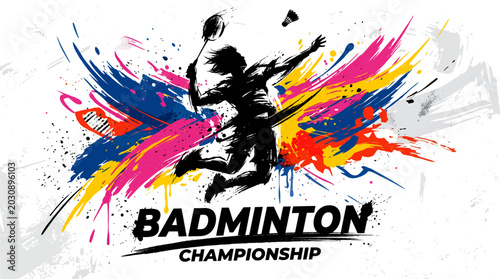 Badminton championship logo with colorful paint splatter explosion