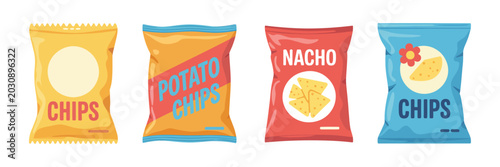 Quadro su tela Snack Potato Chips Vector Set, colorful cartoon illustrations with flavored chips and sauces, isolated on transparent background for food menu, branding and packaging concepts