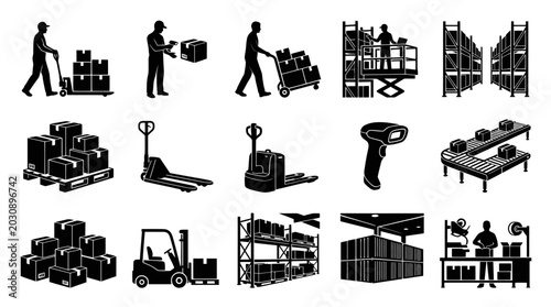 Logistics and Warehouse Glyph Icons Set. Black  White Vector Silhouettes for Supply Chain  Inventory.