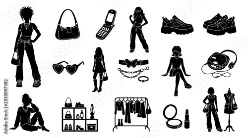 Fashion Women and Y2K Accessories Silhouette Set. Stylish Clothing, Footwear, Bags, and Makeup Glyph Collection.