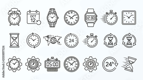 Collection of clock and time icons in outline style with stopwatch