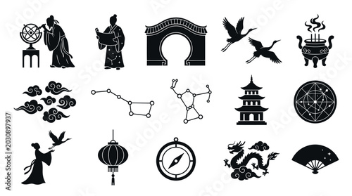 Ancient Chinese Symbols: Astronomy, Mythology, Culture - Black and White Icons