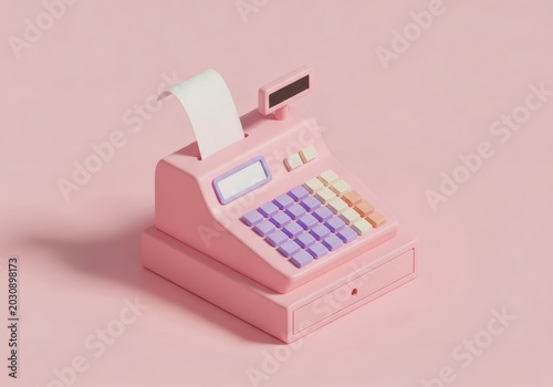 Minimalist Pastel Pink Cash Register 3D Render for Shopping, Business, and Financial Transaction Design