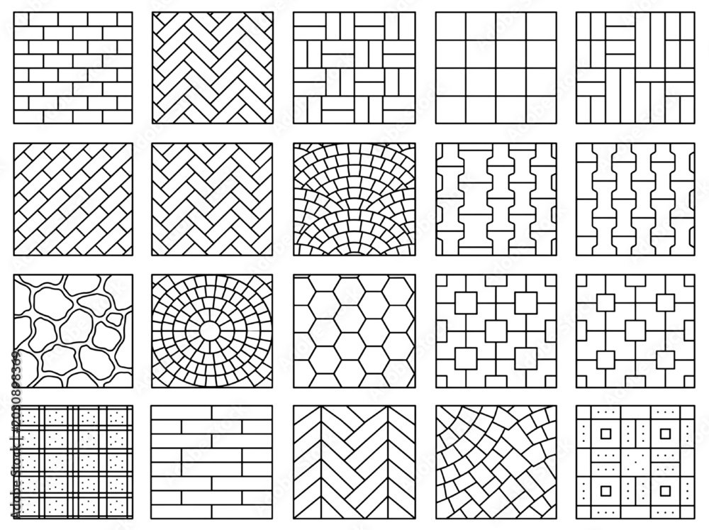 Fototapeta premium Essential CAD Design Resource Featuring a Wide Array of Seamless Architectural Paving and Tiling Patterns for Technical Drawings and Construction Planning