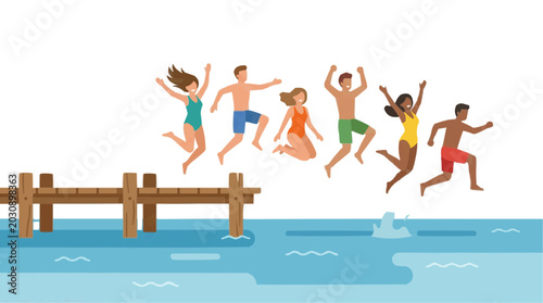 Diverse group of friends jumping into water from a wooden dock having fun on a sunny day PNG Isolated on transparent background