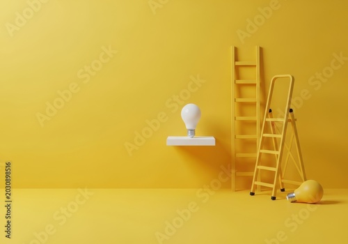 Conceptual Business Image of Yellow Ladders and Light Bulbs on Yellow Background Representing Innovation and Career Growth