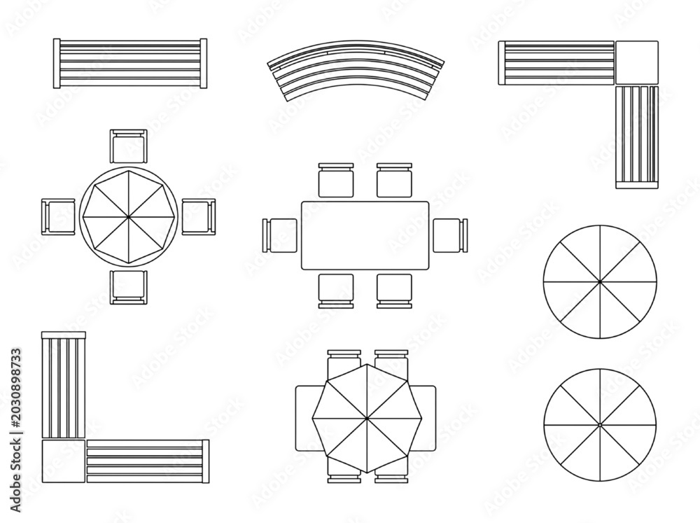 Fototapeta premium Versatile CAD vector illustration showcasing a diverse collection of furniture layouts and arrangements for modern architectural and interior design planning projects