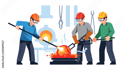 Tablou pe pânză Glassblowing Artisans: Three skilled craftsmen, donning protective gear and hard hats, meticulously shape molten glass with long tools in a furnace