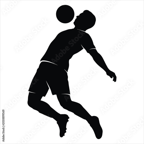 Foto Soccer player silhouette heading a ball, football athlete jumping in mid-air act