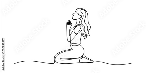 Canvas Print Continuous single line drawing of a peaceful woman kneeling and praying with han