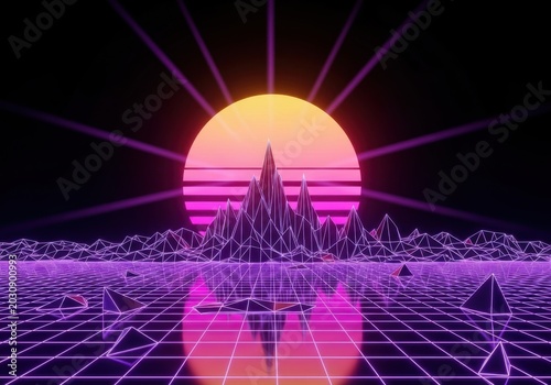 Retro 80s Synthwave Background with Neon Grid, Low Poly Mountains and Glowing Sunset over Digital Landscape