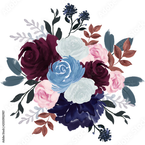 Hand painted watercolor floral bouquet romantic boho arrangement white background
