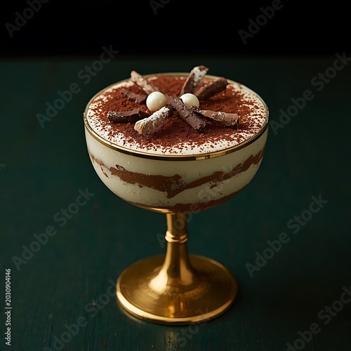 Gourmet tiramisu dessert with cocoa powder and chocolate shavings served in a luxury gold rimmed glass on a dark green background.