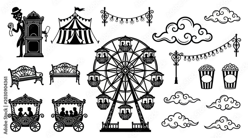 Obraz premium Amusement Park Carnival Elements Set - Vintage Black and White Silhouette Icons for Fair Attractions