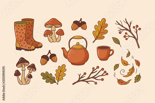 Canvastavla Set of cute autumn elements, cozy fall season collection, handdrawn vector illus