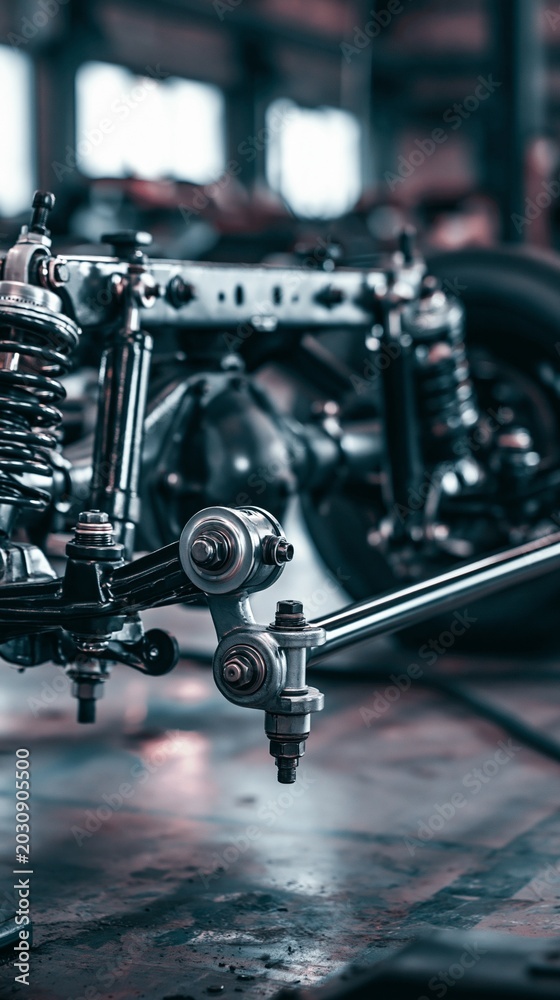 Fototapeta premium Closeup medium shot of a vehicle frame receiving leaf springs and control arms showcasing traditional suspension installation in a garage setting.