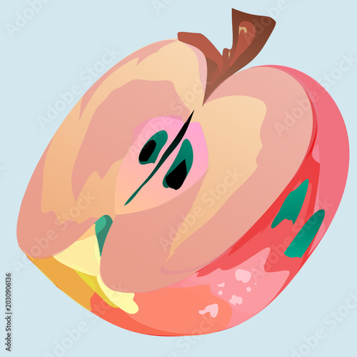 Fresh red apple slice vector illustration. Detailed healthy fruit icon isolated on background. Organic food design element for juice, cafe, farm market and grocery graphic projects.