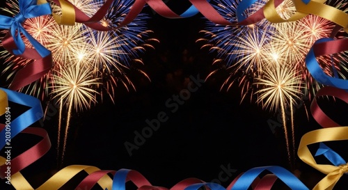 Vibrant fireworks explode against a dark night sky surrounded by colorful ribbons