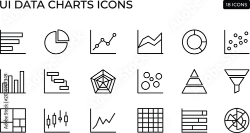 UI Data Charts Icon Set With Outline Analytics Graph Symbols For Dashboard Reports And Business Interface Design