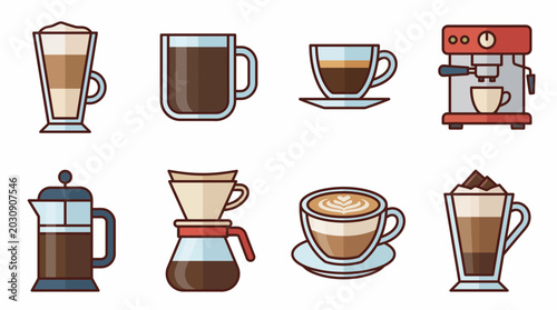 Canvas Print Flatstyle vector illustrations of various coffeemaking apparatus and beverages i